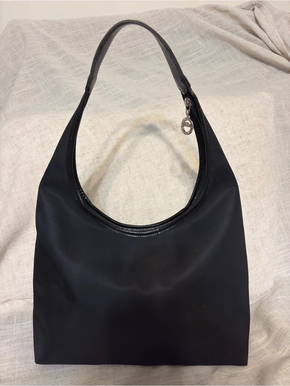 Longchamp Black Nylon Hobo Shoulder Bag Leather Trim Made in France - Picture 2 of 11